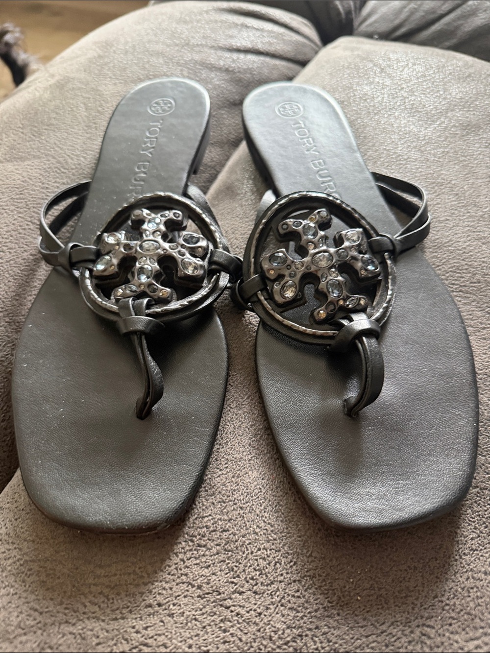 Tory Burch Black Jeweled Miller Thong Sandals - Crystal Accents